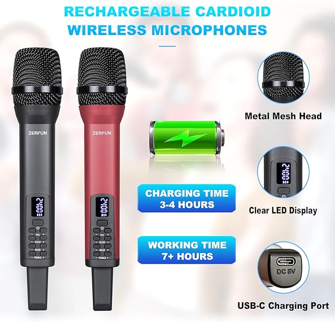 Dual Rechargeable Wireless Microphones Pro Handheld Cordless Mics System with Echo Treble BASS VOL Control for Karaoke Singing Church Party 1/4'' Output Grey&ampRed