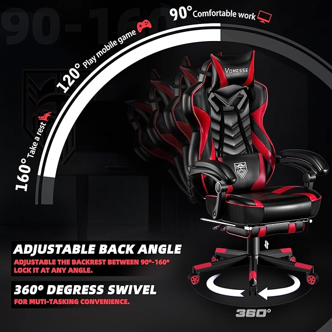 Vonesse Gaming Chair Big and Tall Gaming Chair with Footrest and Massage Gaming Chairs for Adults with Lumbar Support Ergonomic High Back Computer Chair with Pocket Spring Cushion (Red/Black)