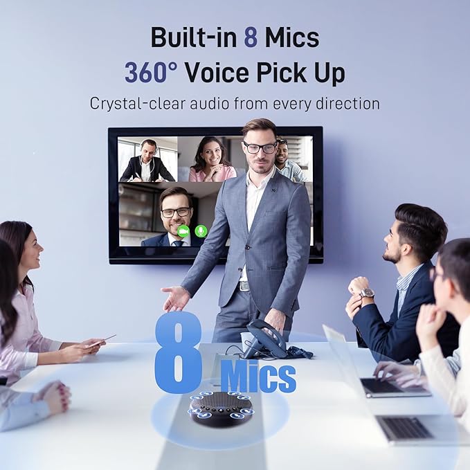 EMEET Conference Speaker and Microphone w/8 Mics 360° Voice Pickup Noise Reduction Bluetooth/USB/Dongle Speakerphone for 10 People w/Daisy Chain for 18 Compatible w/Leading Platforms 2025 Version
