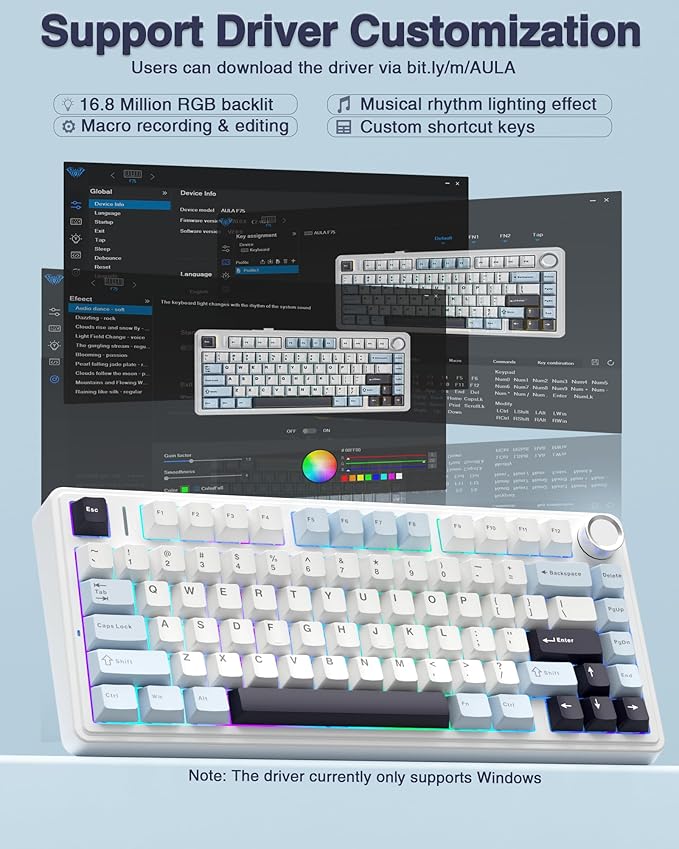 AULA F75 75% Wireless Mechanical Keyboard Hot Swappable Creamy Keyboard Pre-lubed Reaper Switches 2.4GHz/Type-C/BT5.0 RGB Backlit Gaming Keyboards(White &amp Blue)