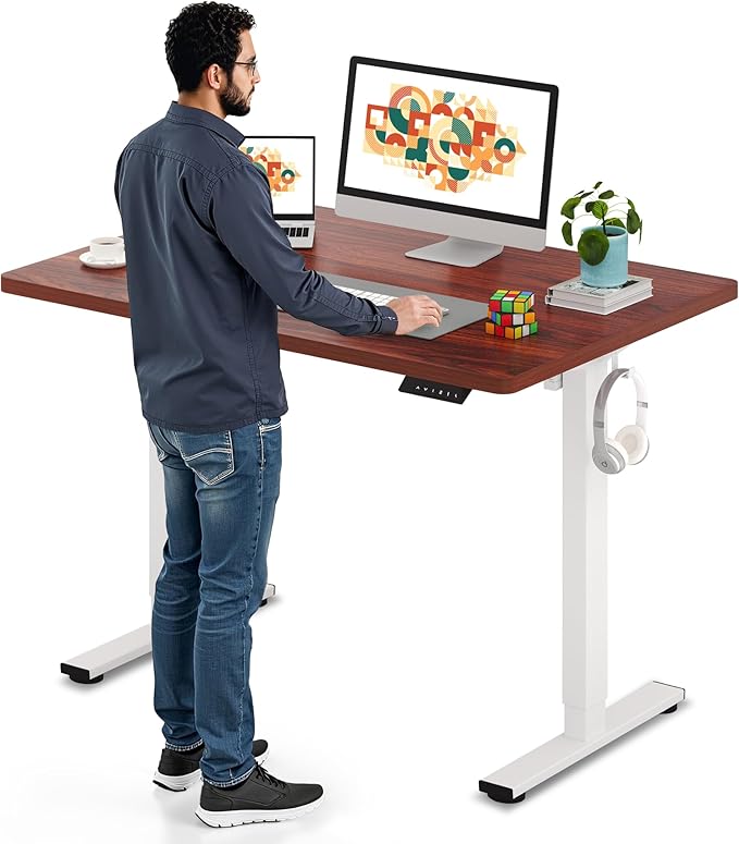 SANODESK Electric Standing Desk 48 x 30 Inches Whole-Piece Desktop Height Adjustable Stand Up Desk w/6-Button Controller Ergonomic Computer Desk for Home Office White Frame + Mahogany Tabletop
