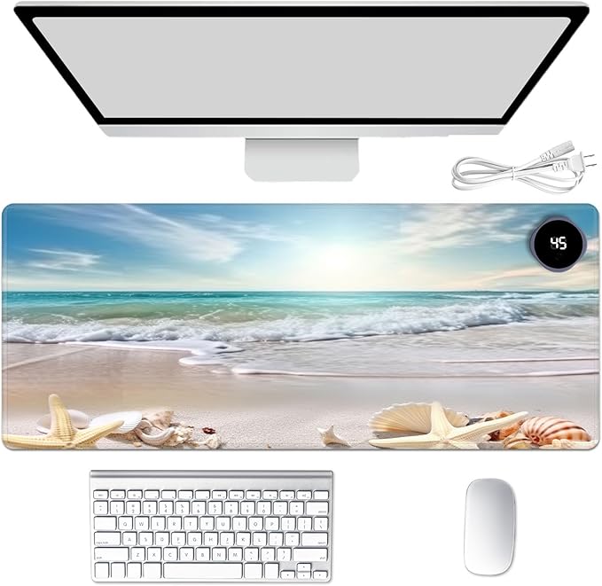 Heated Mouse Pad Hand Warmer Warm Desk Pad Mousepad Desk Mat with 3 Levels Heating and Auto Shut Down 31.5 x 13 inch PU Leather Warmer Keyboard Mat for Gaming Laptop Office Home Starfish Beach