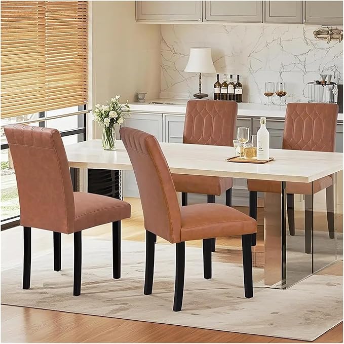 Adjustable Office Computer Chair with Armrest 2pcs Brown Leather Upholstered Dining Chairs Solid Wood Legs with Rubber Footpads for Kitchen Living Room