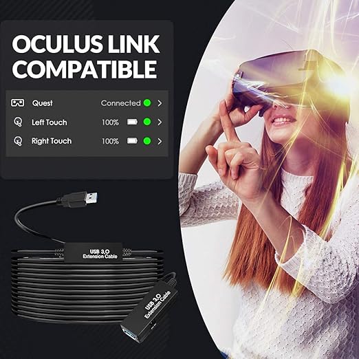 33FT USB 3.0 Active Extension CableUSB Extension Cord A-Male to A-FemaleCompatible with Oculus Quest 3 VRHeadsetHard DrivePrinterWebcamScannerPS4 More