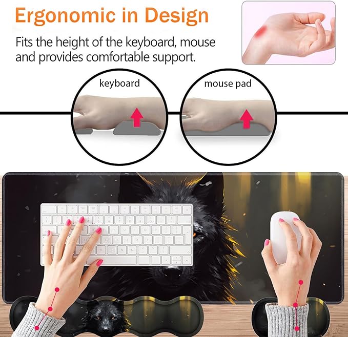 Large XXL Gaming Desk Mat 31.5x 11.8 Ergonomic Keyboard Wrist Rest &amp Mouse Pad Wrist Rest + Coaster Set Non-Slip Base Memory Foam Office and Home Black Wolf