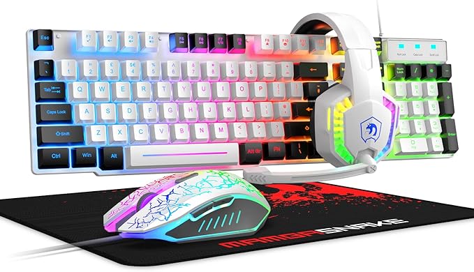 Wired Rainbow LED Backlit Keyboard and Mouse Over Ear Headphone with Mic Gaming Mice and Pad for PC Xbox and PS4 (White/Black)