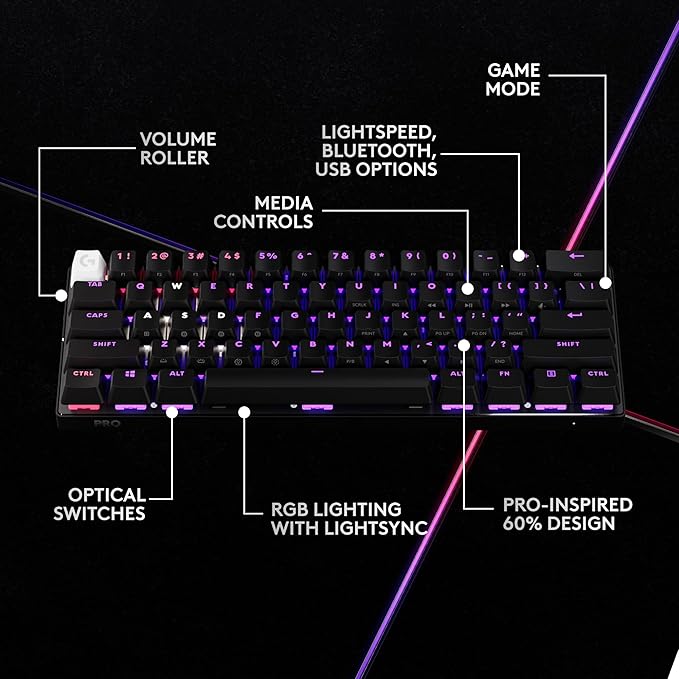 Logitech G PRO X 60 Lightspeed Wireless Gaming Keyboard Ultra Compact TKL 60% Mechanical Keyboard for Windows PC LIGHTSYNC RGB Dual-Shot PBT Keycaps GX Optical Tactile Switches - Black