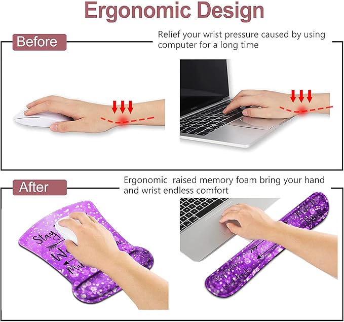 Mouse Pad with Wrist Support Ergonomic Gel Mousepad Memory Foam Keyboard Wrist Rest Suitable for Office TypingGames Desktop Decoration Stay Positive Work Hard and Purple Glitter Graphic for Women