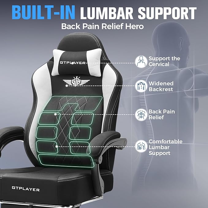 GTPLAYER Big and Tall Gaming Chair Breathable Fabric Computer Chair with Strong Lumbar Support Comfortable Office Chairs with Pocket Spring Cushion High Back Ergonomic Desk Chairs with Footrest