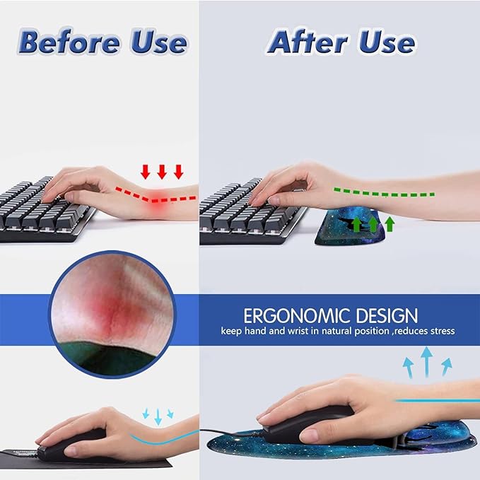 CUISHAN Ergonomic Gel Mouse Wrist Rest Pad and Keyboard Set Anti-Slip PU Bottom Easy Typing Relieve Pain with Cute Coaster Set (3-Fantasy Wolf Moon Galaxy)