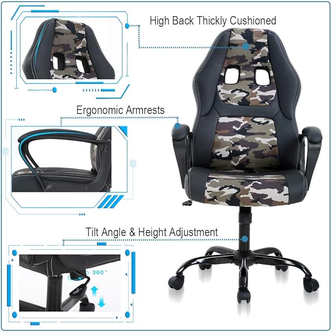 Gaming Office Chair PC Ergonomic Racing Chair PU Leather Heavy Duty Video Game Chair for Home Computer - Camo