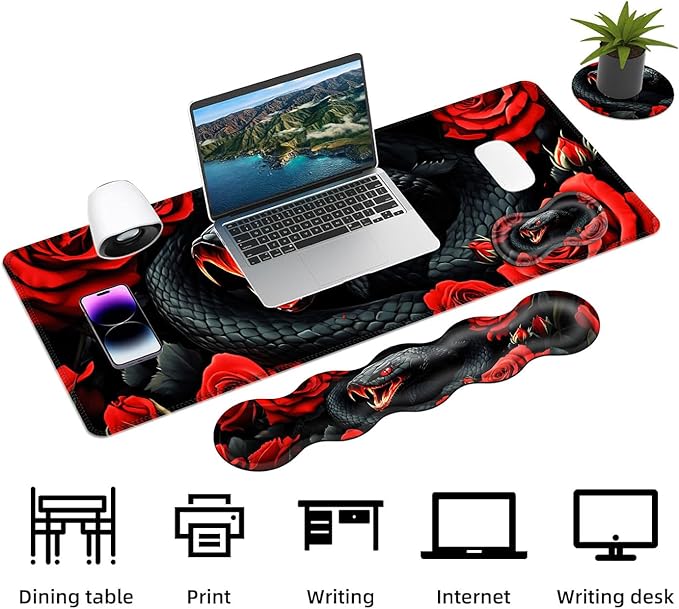 Keyboard Mouse Pad Set Extended Gaming Mouse Pad+Ergonomics Keyboard Wrist Rest Support Memory Foam Easy Typing Pain Relief 4Pcs XL Ultra Thick Desk MatSnake Roses and Fiery Mouth