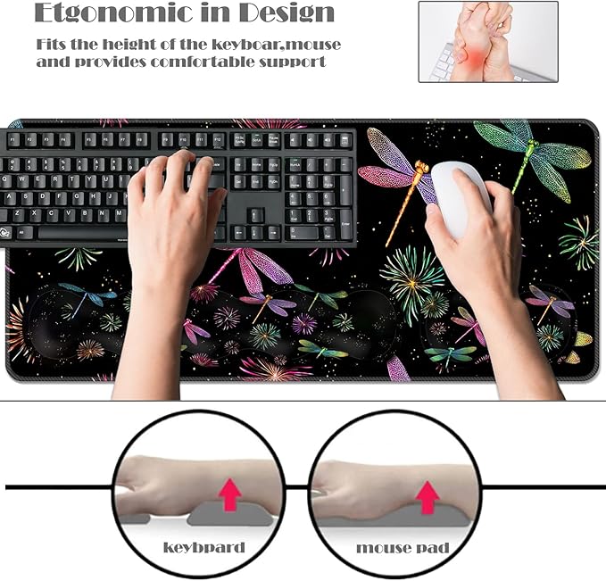 Ergonomic Keyboard Wrist Rest &amp Mouse Pad Wrist Rest SetXL Gaming Desk Mat 31.5x 11.8Non-Slip BaseMemory FoamEasy Typing Pain Relief for Office &amp HomeDragonflies and Fireworks