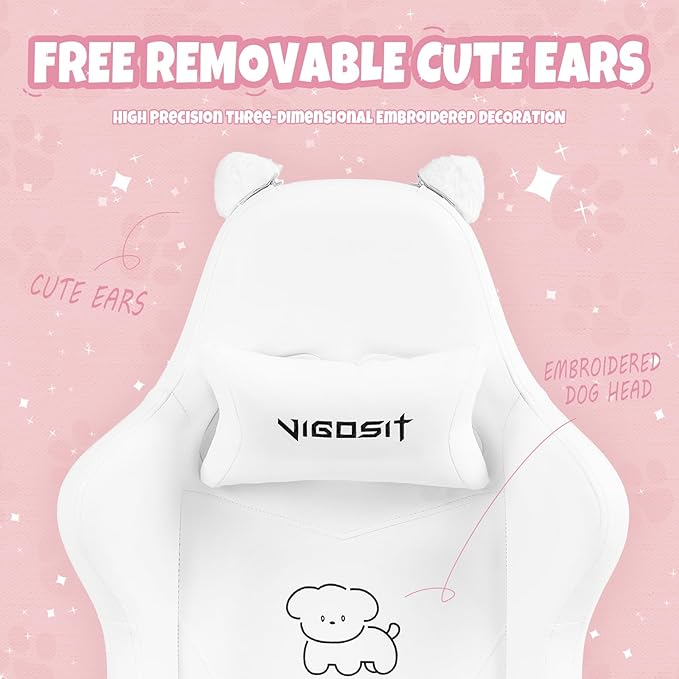 Cute Gaming Chair for Girl Ergonomic Cat Computer Chair with Armrests High Back Video Game Chairs with Footrest and Massage Lumbar Support for Teen &amp Woman Adjustable Height (White)