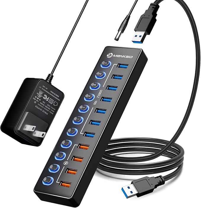 Powered USB Hub MENKSID 11-Port USB Hub 7 USB 3.2 Data Transfer Ports + 4 Smart Charging Ports Independent Switch (with LED Power Indicator) USB 3.2 Hub Powered with Power Adapter for Mac PC