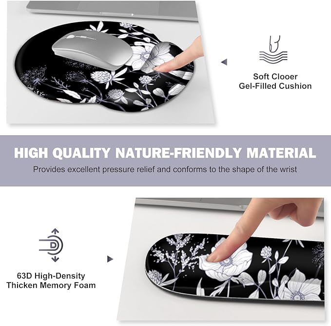 Gaming Mouse Pad Large Desk Mat Cute Desk Pad Protector 4in1 XXL Mousepad + Keyboard Wrist Rest+Mouse Wrist Rest+Coaster Set with Ergonomic Desk Pad for Home Office PC Computer Black White Flowers
