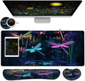 Large Mouse Pad + Keyboard Wrist Rest Set Extended Gaming Mousepad (31.5X11.8 inch) with Non-Slip Rubber Ergonomics Memory Foam Mouse Wrist Rest Support Dragonfly Colorful XXL Desk Pad