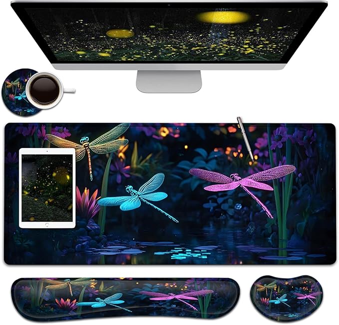 Large Mouse Pad + Keyboard Wrist Rest Set Extended Gaming Mousepad (31.5X11.8 inch) with Non-Slip Rubber Ergonomics Memory Foam Mouse Wrist Rest Support Dragonfly Colorful XXL Desk Pad