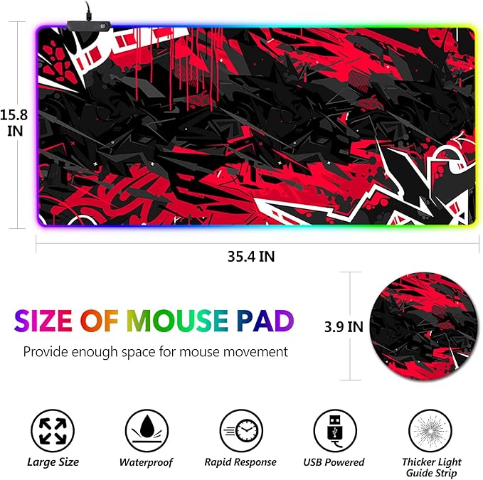 AIMSA Large RGB Gaming Mouse Pad Keyboard Mousepad Led Extended 35.4 x 15.8 inch Non-Slip Rubber Base with 14 Lighting Modes Big Desk Mat Waterproof Red Black