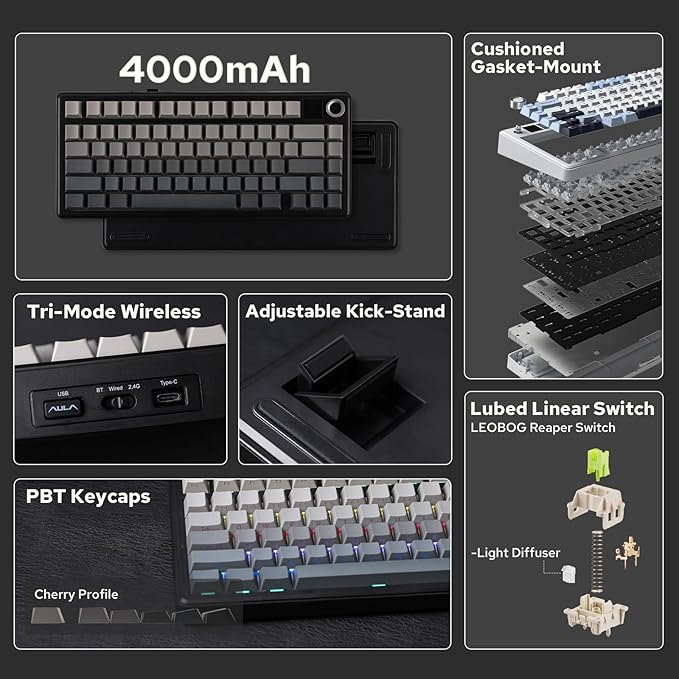 EPOMAKER X Aula F75 MAX Wireless Mechanical Keyboard with TFT Screen and Knob Gasket Gaming Keyboard in 75% Layout Hot Swappable RGB Backlight for PC/Mac/Linux (Black Gradient)