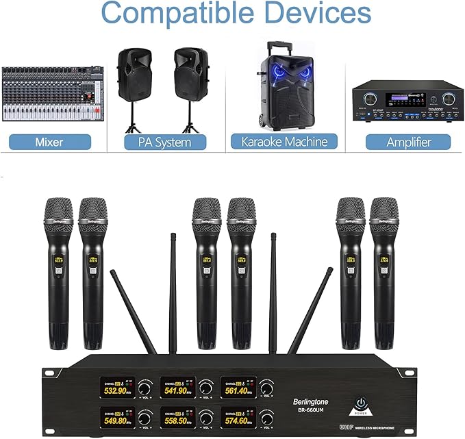 Professional 6-Channel UHF Wireless Microphone System Cordless Metal Handheld Dynamic Mics Perfect for Karaoke Church Singing DJ 262ft Range (BR-660UM)