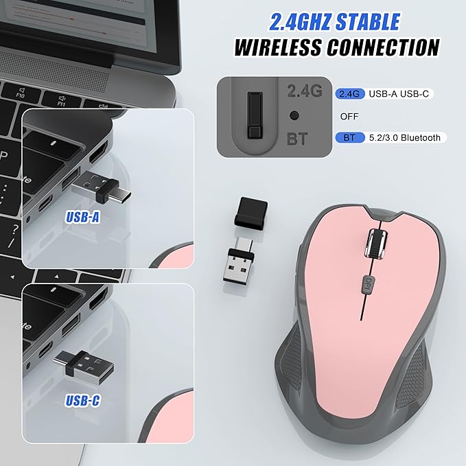 Bluetooth Wireless Mouse for Mac MacBook Air iPad Pro PC Ergonomic Rechargeable Computer Mouse with Jiggler Mode 3 DPI Levels &amp Forward/Back Buttons Laptop Mice for Office/Home/School Pink