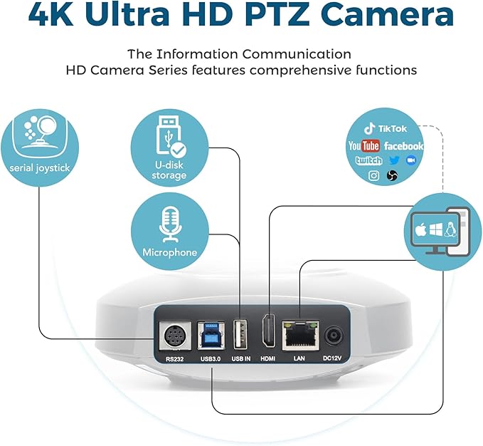 RGBlink 4K PTZ Camera HDMI AI Auto-Tracking 10X Optical Zoom USB3.0 LAN HDMI PTZ Camera for Church Worship Education Conference Events RGB10X-UUAI-BK（Real 4K Output