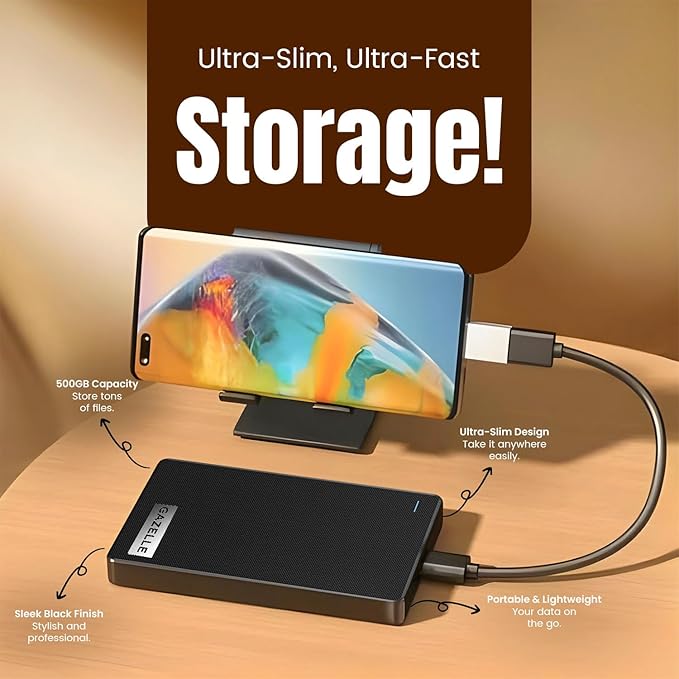 GAZELLE High-Speed 1TB Ultra Slim Portable External Hard Drive - 2-in-1 Type C &amp USB 3.0 Compatible with PC Mac Laptop PS4 Xbox iPad Tablet Mobile (Black) - 1 Year Warranty
