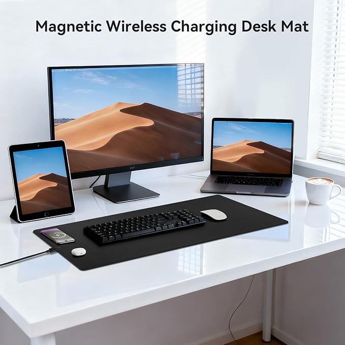 Wireless Charging Mouse Pad 15W Fast Charge Magnetic Charger Desk Pad Large Office Desk Mat (35.4x16.9) with Ultra-Smooth Surface Black Computer Mousepad for MacBook PC Laptop