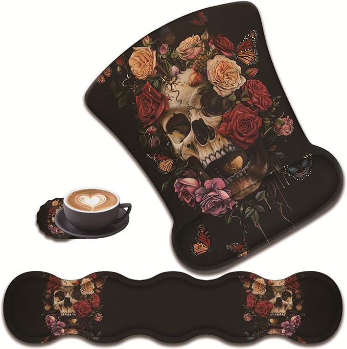 3 in 1 Keyboard Wrist Rest + Mouse Pad and Coaster Ergonomic Gel Mouse Pad and Keyboard Pad Set Comfortable Lightweight for Easy Typing Pain Relie Butterflies Roses and Skull