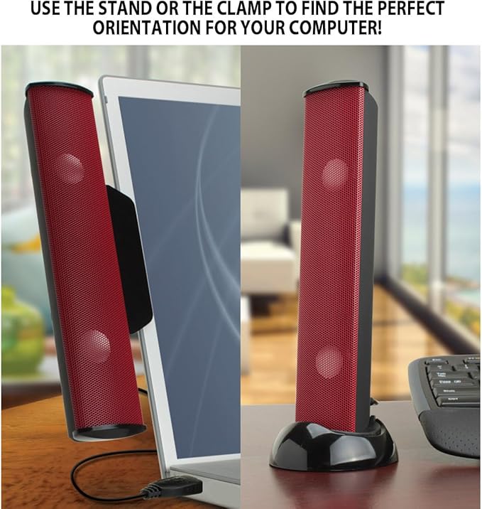 GOgroove SonaVERSE USB Speakers for Laptop Computer - USB Powered Mini Sound Bar with Clip-On Portable External Speaker Design for Monitor One Cable for Digital Audio Input and Power (Red)