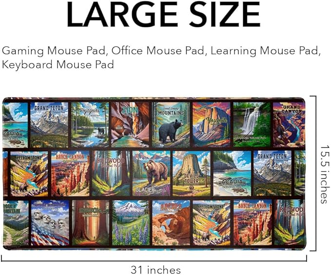 National Parks Large Gaming Mouse Pad Desk Mat with Stitched Edges Non-Slip Base for Gamer Home and Office 31.5 x 15.7