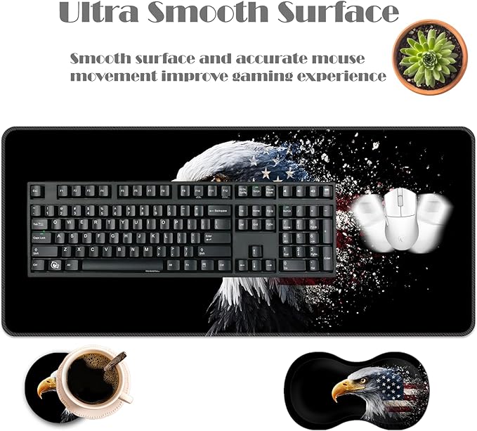 Ergonomic Keyboard Wrist Rest &amp Mouse Pad Wrist Rest SetXL Gaming Desk Mat 31.5x 11.8Non-Slip BaseMemory FoamEasy Typing Pain Relief for Office &amp HomeEagle American Flag