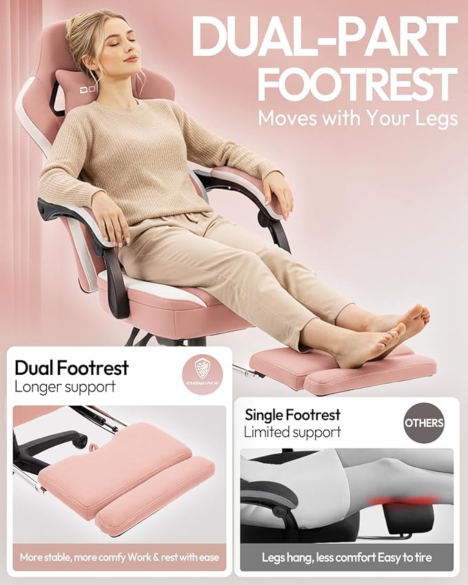 Dowinx Gaming Chair Breathable Fabric Game Chair with Gel Pad and Storage Bag Comfortable Gamer Chair with Pocket Spring Cushion Ergonomic Computer Chair with Footrest Pink and White