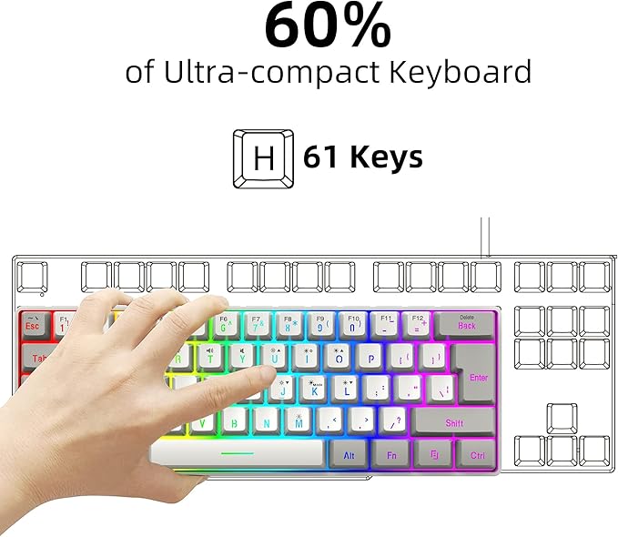 Snpurdiri 60% Wired Gaming Keyboard 61 Keys RGB Backlit Small Gaming Keyboard for PC/Mac Gamer Typist Travel Easy to Carry on Business Trip(Grey-White)