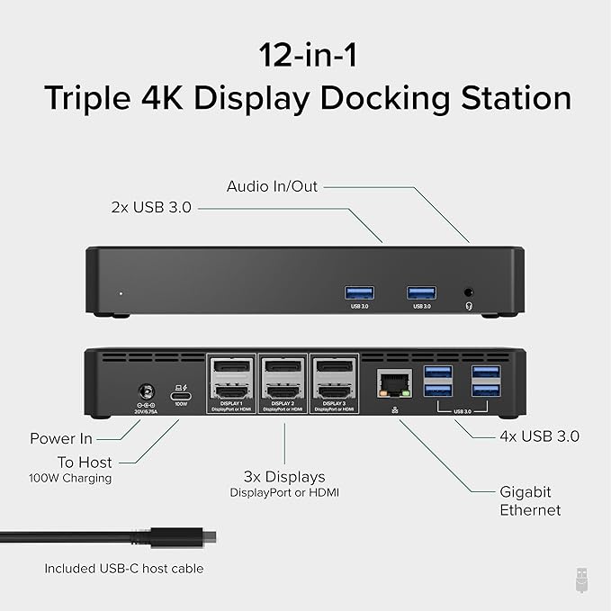 Plugable 12-in-1 USB C Triple Monitor Docking Station Triple 4K Displays with 3X HDMI or 3X DisplayPort Compatible with Mac Windows Thunderbolt USB4 USB-C (100W PD 6X USB Ports Ethernet)