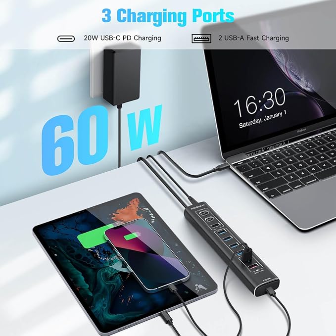 Rosonway 10-Port Powered USB 3.2/USB C Hub 60W with 3x10Gbps USB-3.2 Ports (2C + 1A) 4 USB 3.0 Data Ports 1 USB-C PD and 2 USB-A Fast Charging Ports Aluminum USB Splitter for Laptop/PC RSH-A10QPD