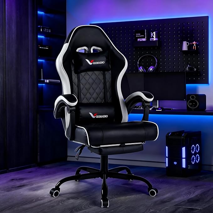 Gaming Chair for Adults with Footrest Lumbar &amp Headrest High Back Recliner Gamer Chair with Metal Legs 360° Swivel Height-Adjustable Leather Office Computer Chair (White)