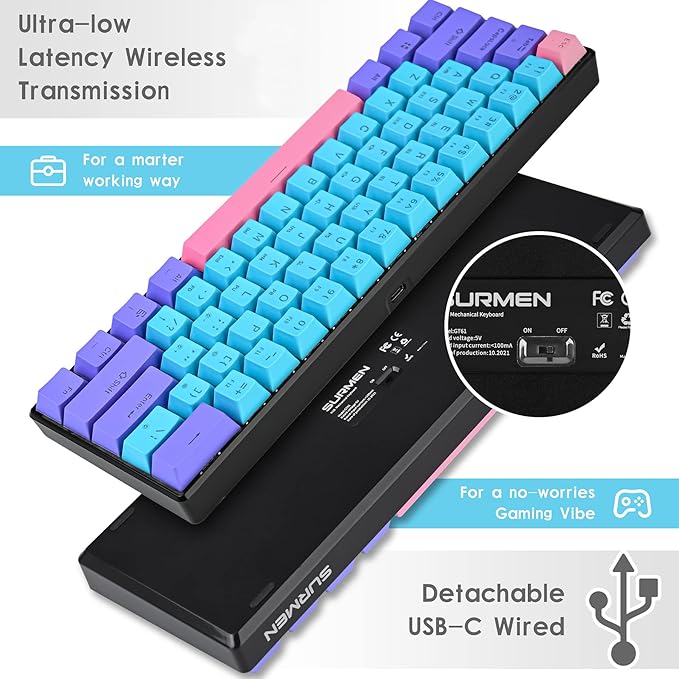 surmen GT61 60% Mechanical Gaming Keyboard 60 Percent RGB Backlit Hot-Swappable Wireless/Wired Compact Mini Keyboards Bluetooth 5.0 Keyboard Programmable/N-Key Rollover (Red Joker)
