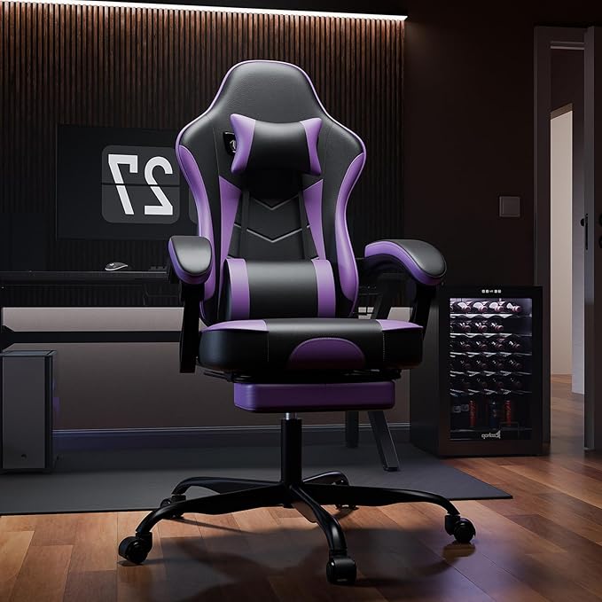 Leather Ergonomic Gaming Chair with Footrest Cute Purple Gaming Chair with Comfortable Headrest &amp Lumbar Support for Adults Women Girls Comfy 300 LBS Capacity (Black+Purple)