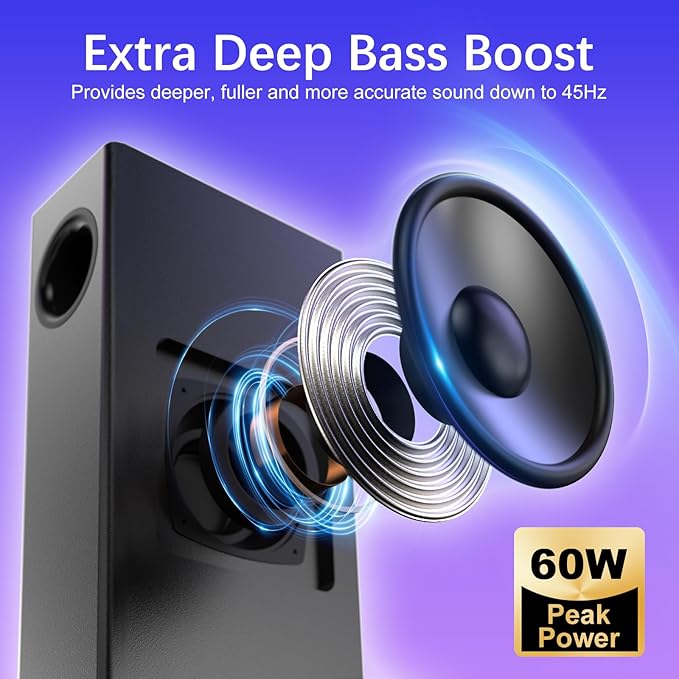 Nylavee Computer Speakers with Subwoofer 2.1 PC Speakers System with Bluetooth 5.4 &amp 3.5mm Aux-in 60W Peak Power AC Adapter Powered Computer Sound Bar for Desktop PC Laptop Monitor Gaming