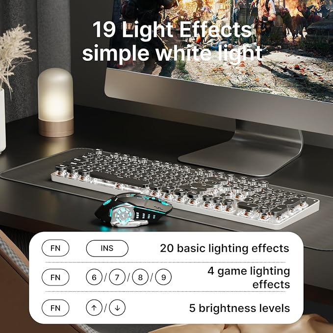 EWEADN TK950 Typewriter Mechanical Keyboard and Mouse 104 Keys Aesthetic Typewriter Keyboard Mouse Combo with White Backlit Anti-Ghosting Black Switch Bluetooth/2.4GHz/Wired Cute Keyboards-Black
