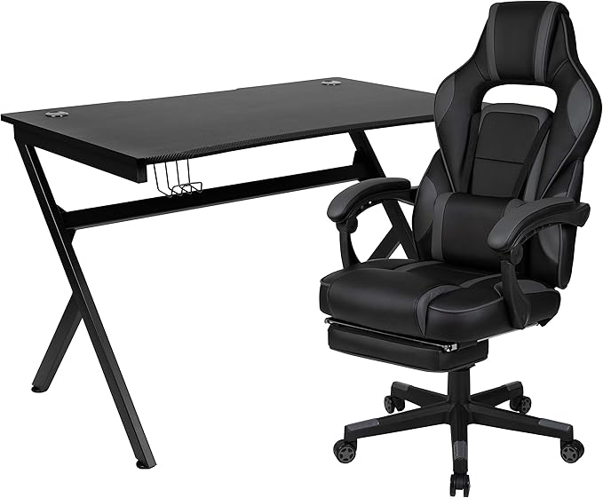 BizChair Black Gaming Desk with Cup Holder/Headphone Hook/2 Wire Management Holes &amp Black Reclining Back/Arms Gaming Chair with Footrest