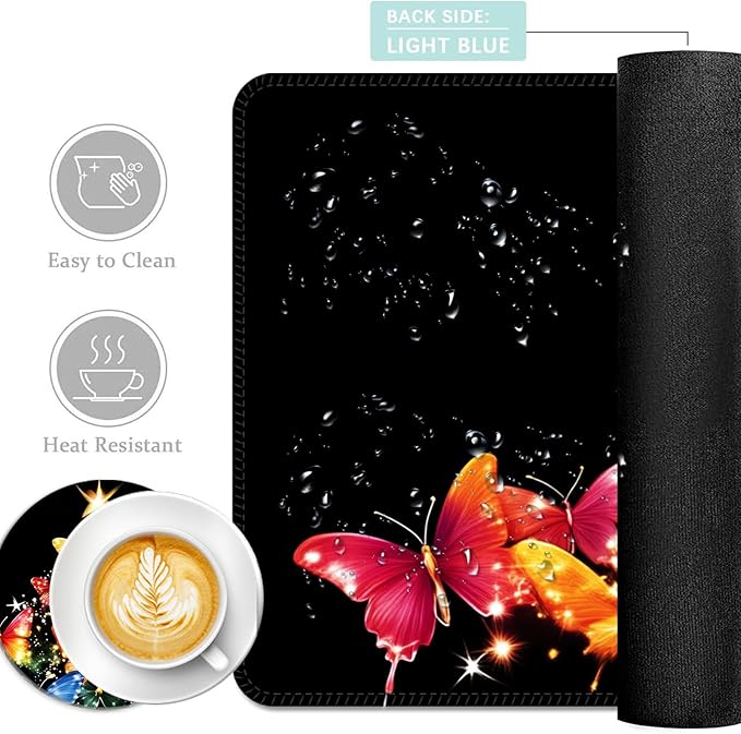 Keyboard Mouse Pad Set Extended Gaming Mouse Pad+Ergonomics Keyboard Wrist Rest Support Memory Foam Easy Typing Pain Relief 4Pcs XL Ultra Thick Desk MatButterfly Christmas Tree