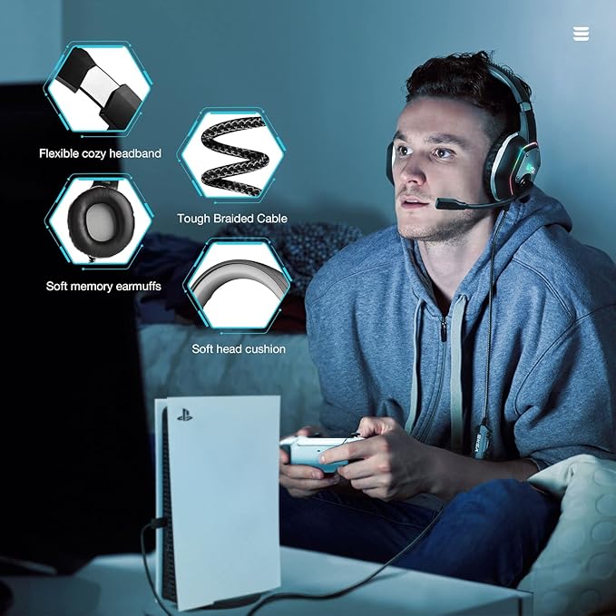 EKSA E1000 USB Gaming Headset for PC Computer Headphones with Microphone/Mic Noise Cancelling 7.1 Surround Sound RGB Light - Wired Headphones for PS4 PS5 Console Laptop Call Center