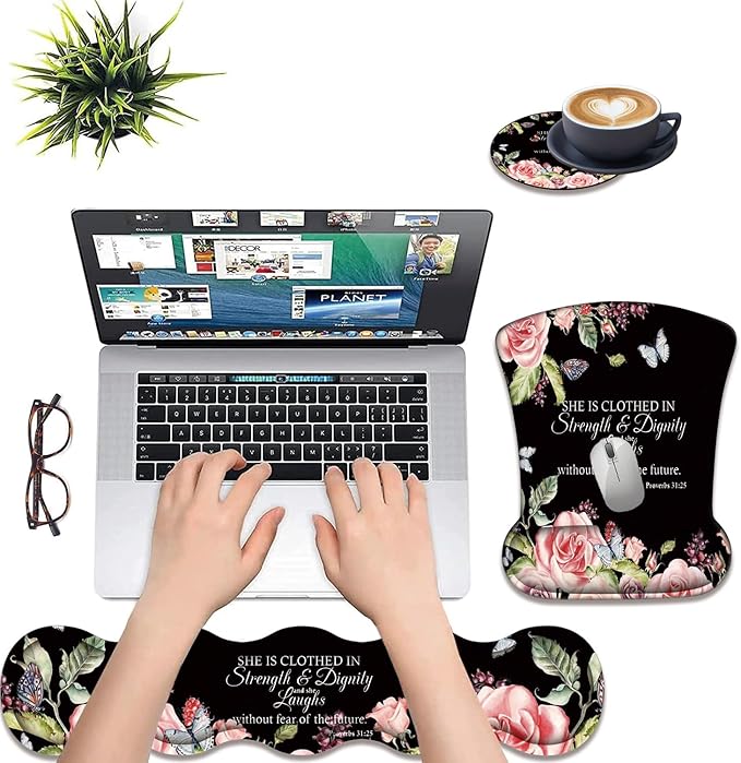 3 in 1 Keyboard Wrist Rest + Mouse Pad and Coaster Ergonomic Gel Mouse Pad and Keyboard Pad Set Comfortable Lightweight for Easy Typing Pain Relie Bible Verses Proverbs 31:25