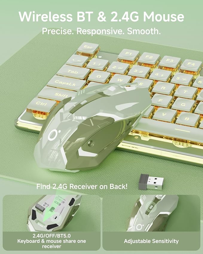 V3 Wireless Keyboard and Mouse with Single Backlit Metal Panel Bluetooth/2.4G Rechargeable Silent Keyboard and Mouse Combo Light up Full Size Cute Keyboards-Green