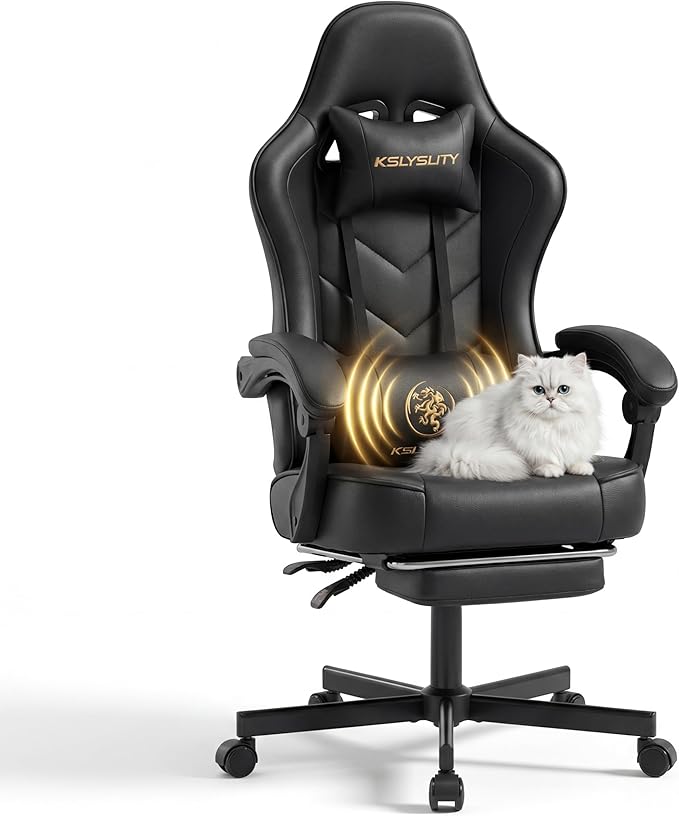 Desk Computer Gaming Chair - High Back Ergonomic Office Chair with Footrest and Lumbar Support Swivel Comfy Home Gamer Video Game Chairs with Pocket Spring Cushion for Adults (Black Leather)