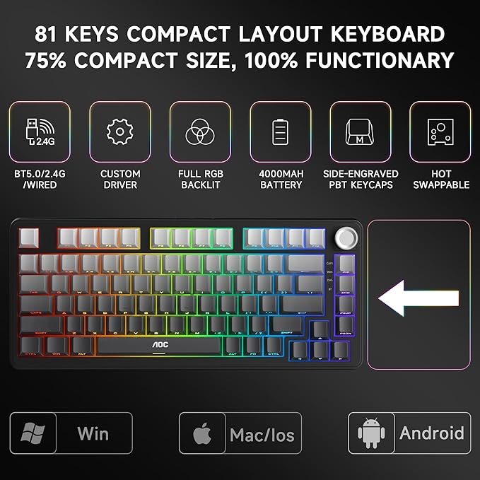 AOC GK330 Gaming Keyboard Hot Swappable Wireless Mechanical Keyboard Support BT/2.4GHz/USB-C RGB Backlit Pre-lubed Reaper Switches Anti-ghosting 75% Gasket Custom Keyboard with Five-Layer Padding