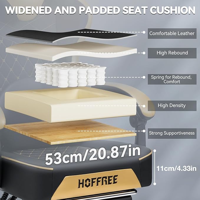 HOFFREE Gaming Chair with Speakers Massage Computer Gaming Chair with Pocket Spring Cushion for Adults Reclining Gamer Chair with Bluetooth Video Game Chairs with Footrest Gold and Black